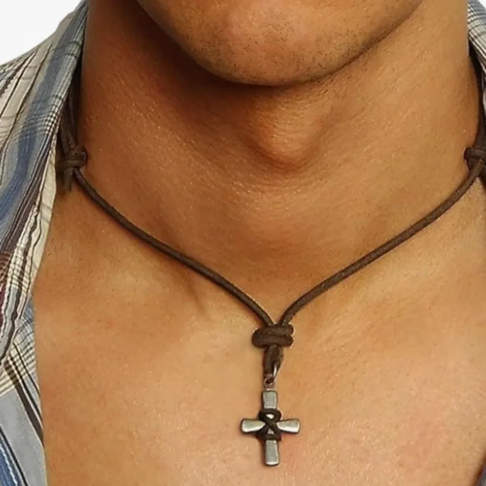Leather Men's Cross Pendant Necklace